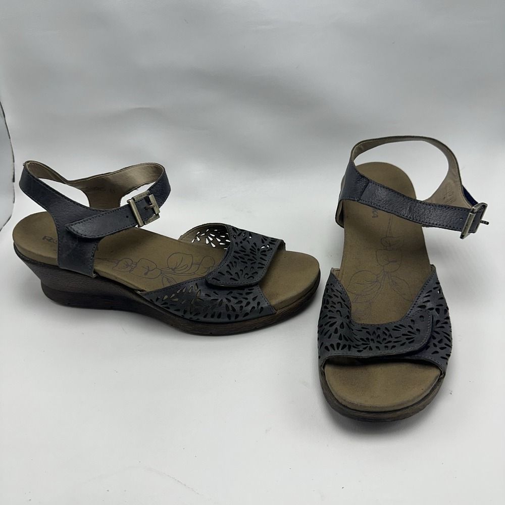Romika NEVIS 05 Women's Wedge Sandals Pewter Laser Cut Leather Sz 41 EU 10.5 US
